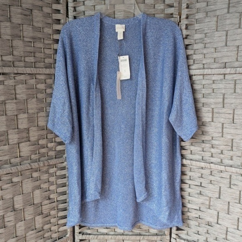 Chico's Tilly Shine Cardigan Sweater Blue Metallic 3/4 Sleeve Size 3 XL NWT